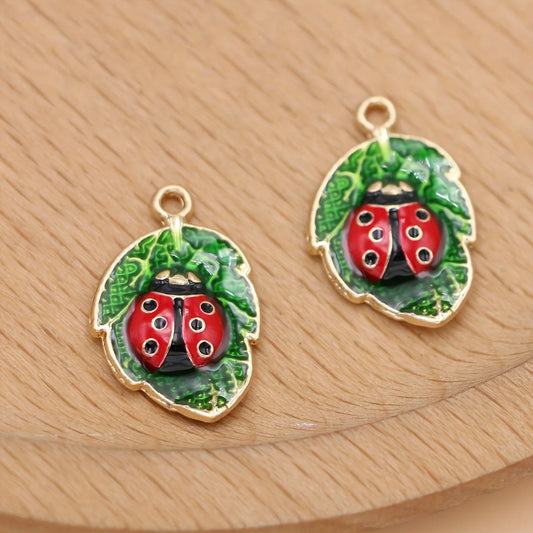 10Pcs Gold Plated Ladybug Leaf Charm fit Jewelry Making Necklace Earrings DIY Accessories