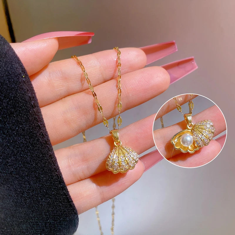 Stainless Steel Shell Pearl Pendant Necklace for Women 2025 Trend Luxury Crystal Zircon Necklaces Fashion Jewelry Birthday Gift