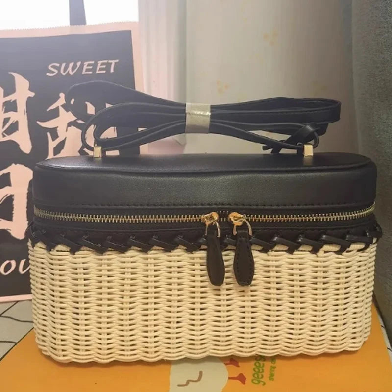 New Casual Straw Box Bag Large Capacity PU Leather Trendy Crossbody Bag Versatile Handbag Travel Bag