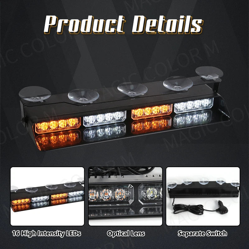 16 LED Car Strobe Light For Emergency Flash Warning Lamp Windshield Bar Red Blue Amber White Waterproof Auto Light Assembly 12V