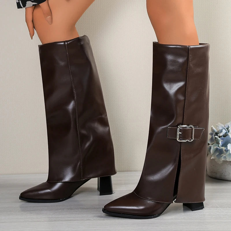 Sexy Pointed Toe High Heels Knee High Boots Women Punk Style Buckle Wide Leg Boots for Woman Pu Leather Gothic Long Botas Mujer