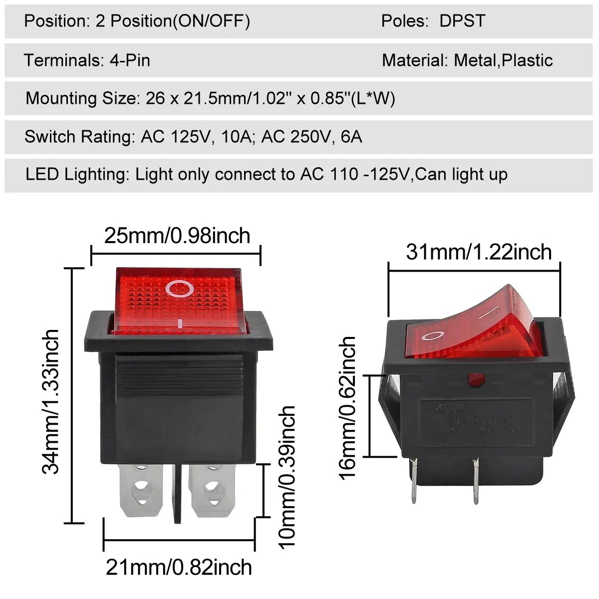 10/20pcs 15/30A 250V KCD2 KCD4 Rocker Switch DPST 4 Pin Red Lighted 120V Rocker Toggle Switch ON Off Heavy Duty