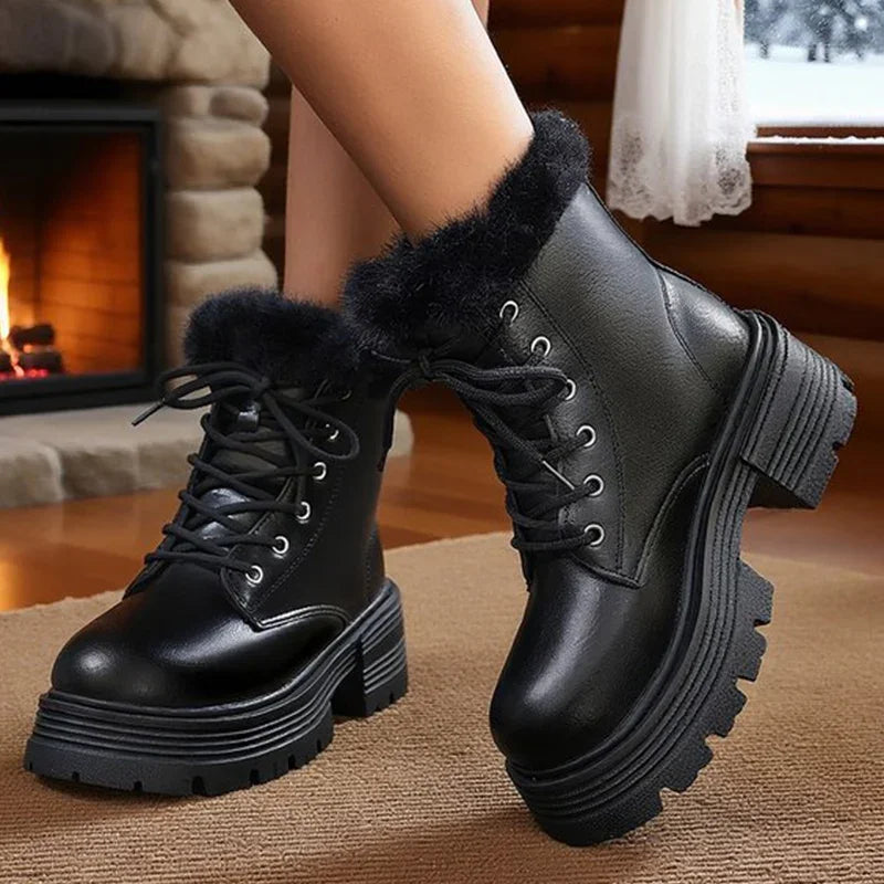 Plus Size 42 Chunky Platform Women's Winter Boots Lace Up Warm Thicken Plush Ankle Boots for Women Thick Sole Fur Botas Mujer