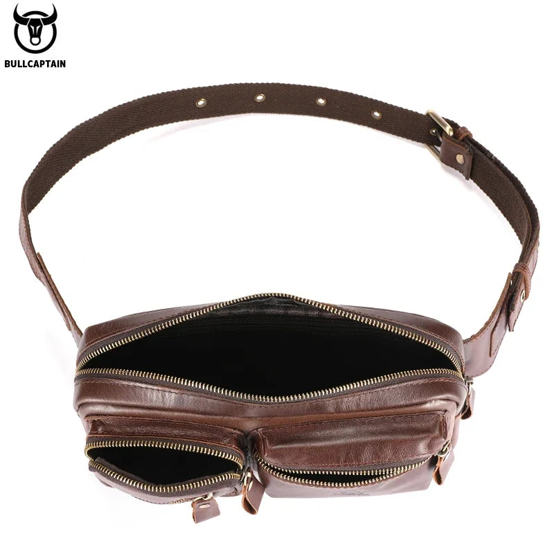 BULLCAPTAIN Men's Genuine Leather Chest Bag Outdoor Sports Shoulder Bag Multifunctional Large Capacity Waist Bag