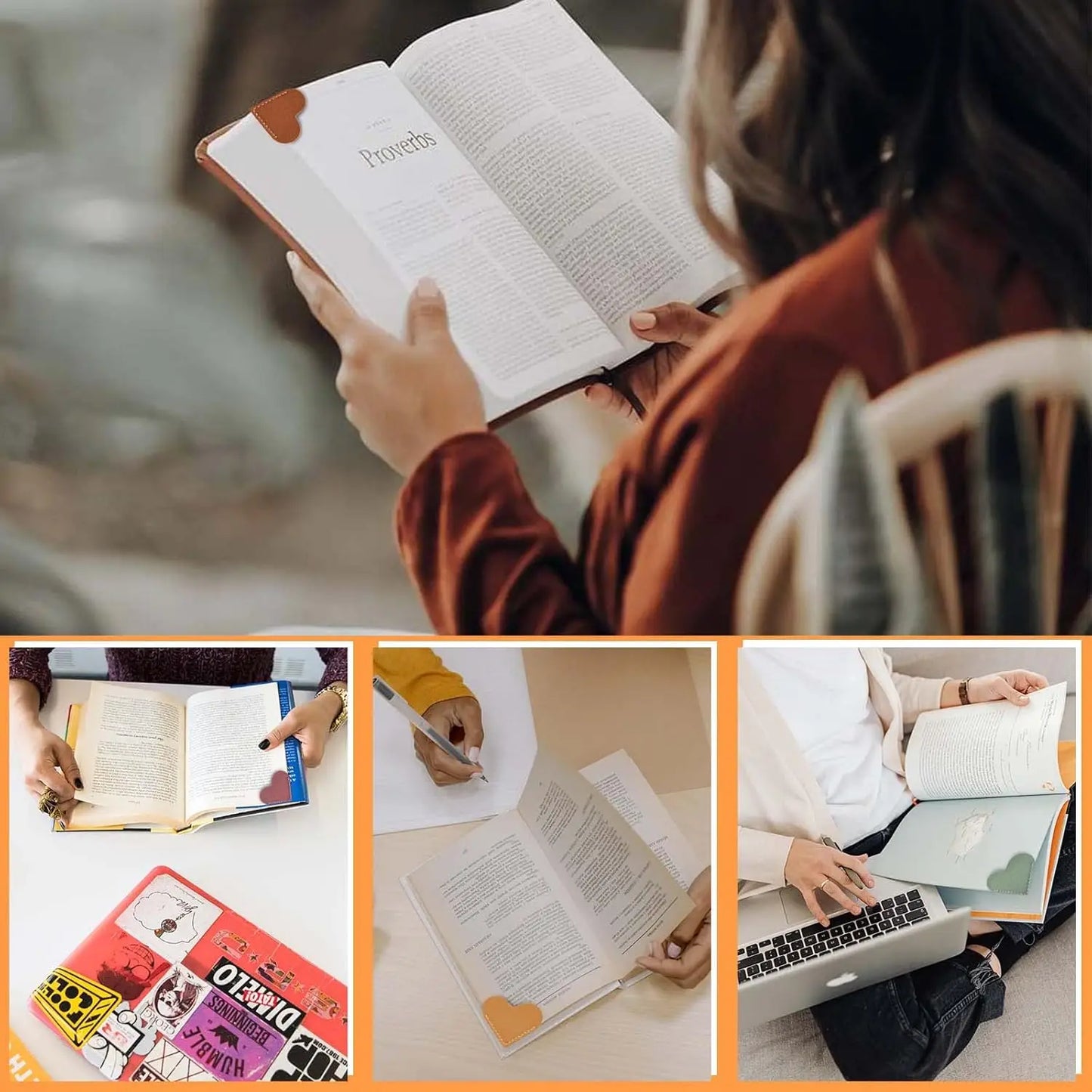 Leather Heart Bookmarks ,6 Pieces Cute Corner Page Book Marks for Teachers Students Book Reading Lovers, for School Office Home