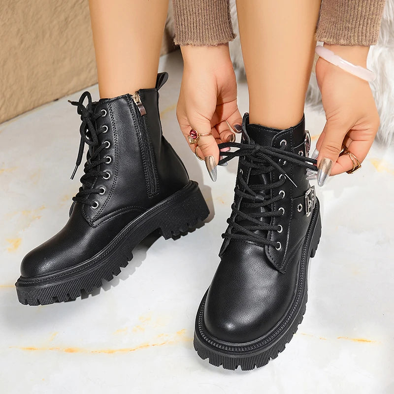 Fashion Buckle Lace Up Ankle Boots Women Autumn Winter Pu Leather Platform Boots Woman Chic Thick Sole Zipper Motorcycle Booties