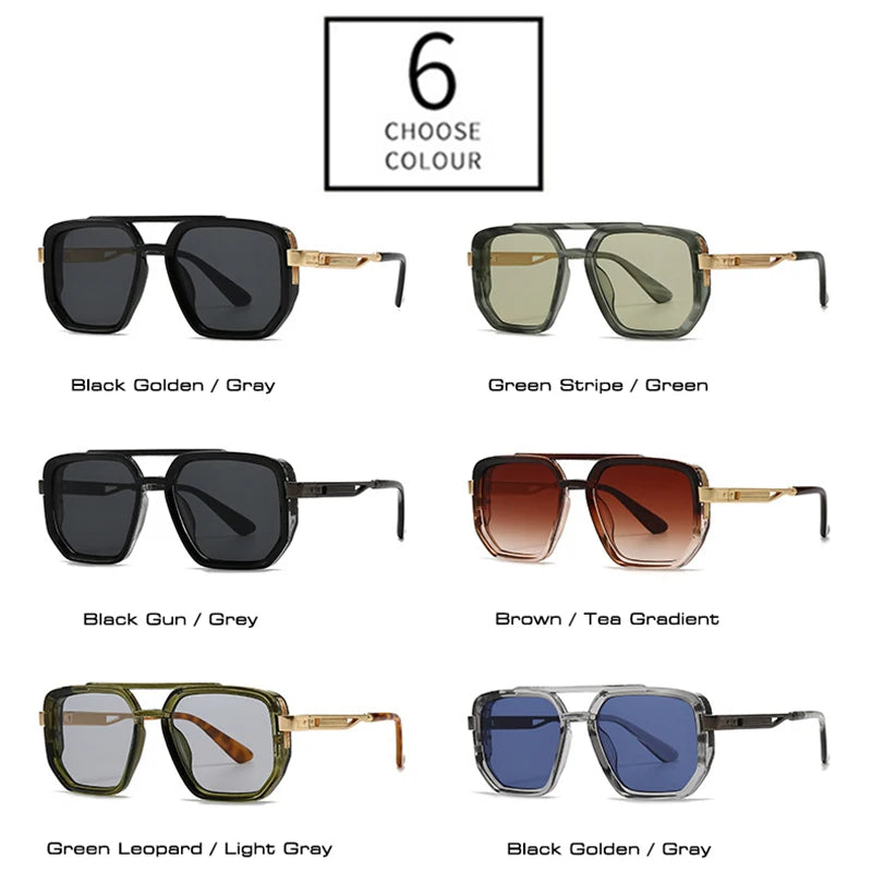 JNPCXI Fashion Double Bridges Square Sunglasses Women Retro Ins Popular Rivets Green Black Men Punk Sun Glasses Shades UV400