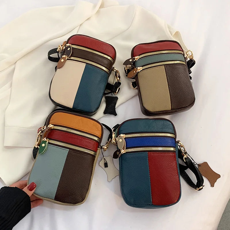 Fashion Soft Leather Women Shoulder Bag Multi Zipper Soft Mobile Phone Bag