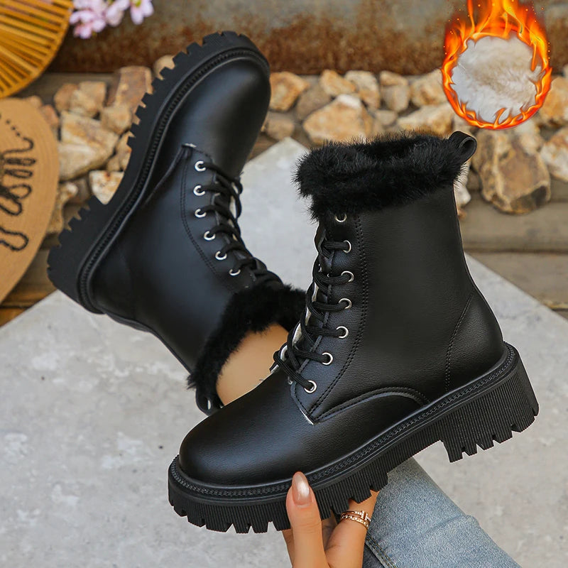 Lace Up Short Plush Ankle Boots for Women Plus Size 42 Fur Platform Winter Boots Woman Thick Sole Pu Leather Combat Botas Mujer