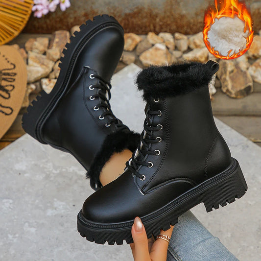 Lace Up Short Plush Ankle Boots for Women Plus Size 42 Fur Platform Winter Boots Woman Thick Sole Pu Leather Combat Botas Mujer