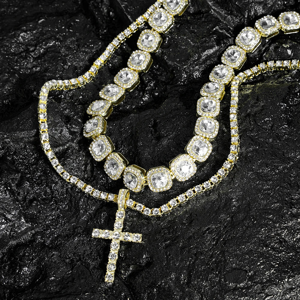 Hip Hop  Iced Out Tennis Chain Cross Necklace Men Women 2Pcs Bling Miami Cuban Chain Necklace Set Iced Out Chain Jewelry Gift