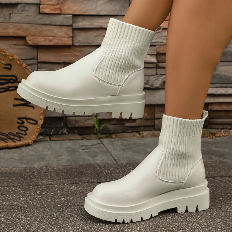 Women's Slip-On Chunky Platform Boots Knitted Patchwork Pu Leather Thick Sole Boots Woman Comfy Non Slip Chelsea Botas Mujer