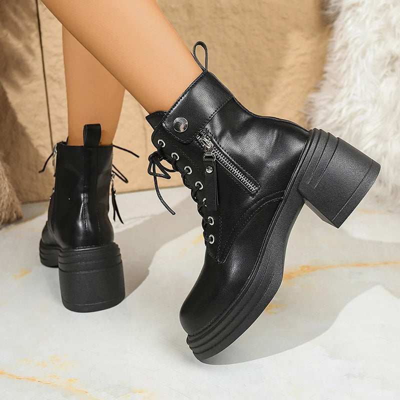 British Style High Heels Ankle Boots Women Plus Size 42 Lace Up Thick Heel Motorcycle Boots Woman Non Slip Pu Leather Botas