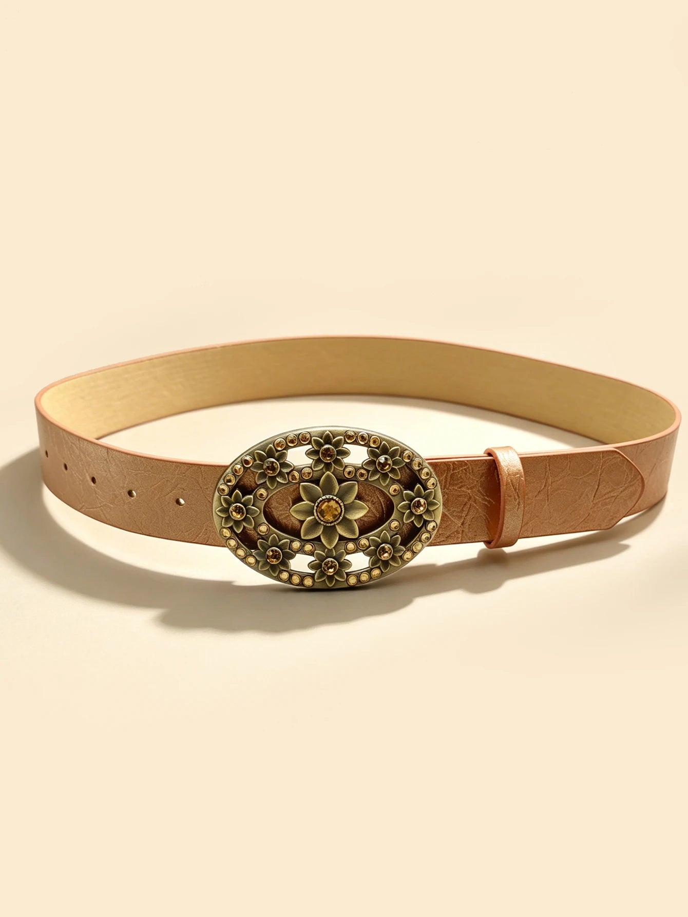 Vintage Floral Rhinestone Buckle Belt, Champagne Textured Women's Versatile Waistband