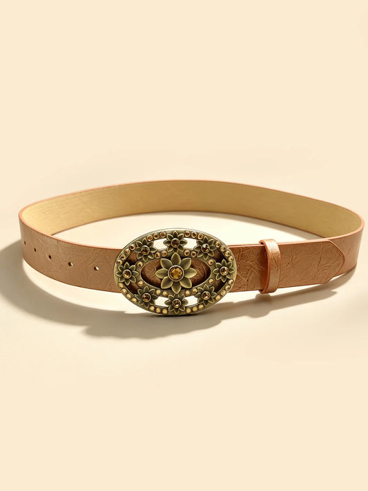 Vintage Floral Rhinestone Buckle Belt, Champagne Textured Women's Versatile Waistband