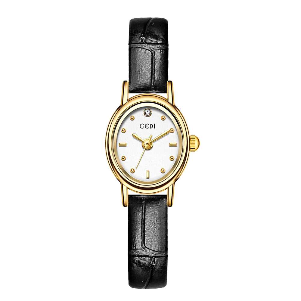 GEDI Vintage Small Watch Woman Elegant Oval Leather Strap Quartz Ladies Watches Wristwatch Waterproof Fashionable