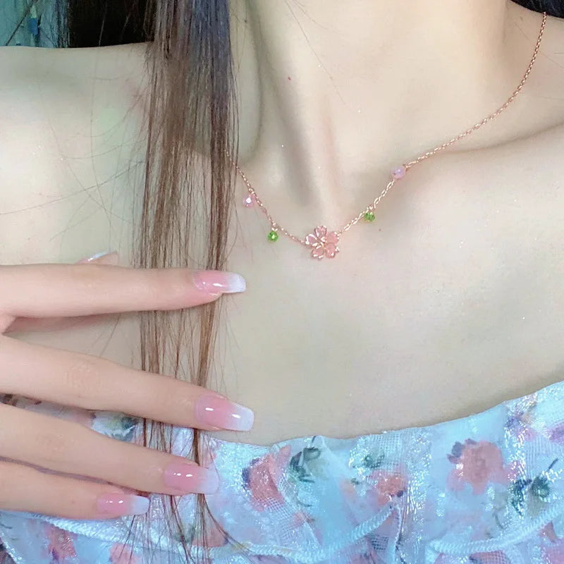 Korean Sweet Cherry Blossom Zircon Pendant Necklace Luxury Crystal Flower Clavicle Chain Necklace for Women Wedding Jewelry Gift