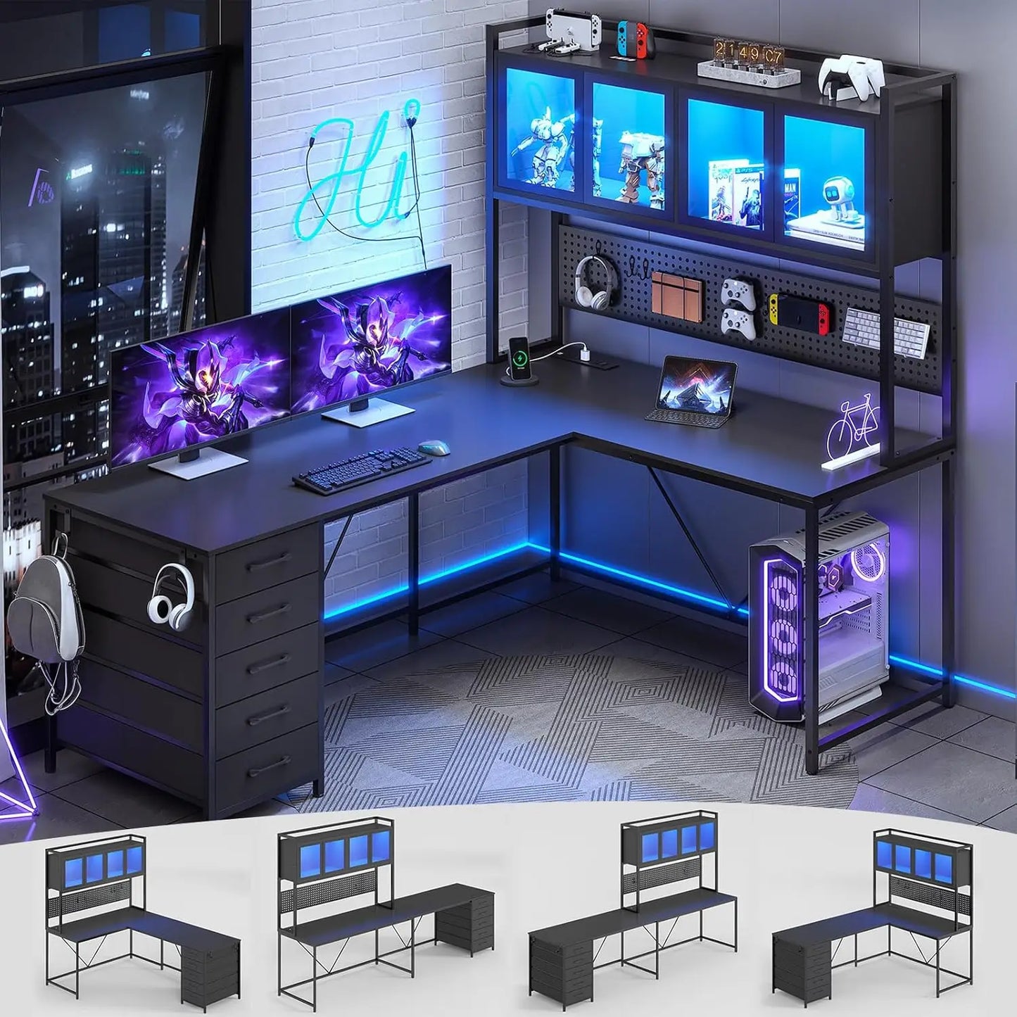 L Shaped Computer Desk w/ Storage Shelves, Gaming Desk, Led Lights &Power Outlet