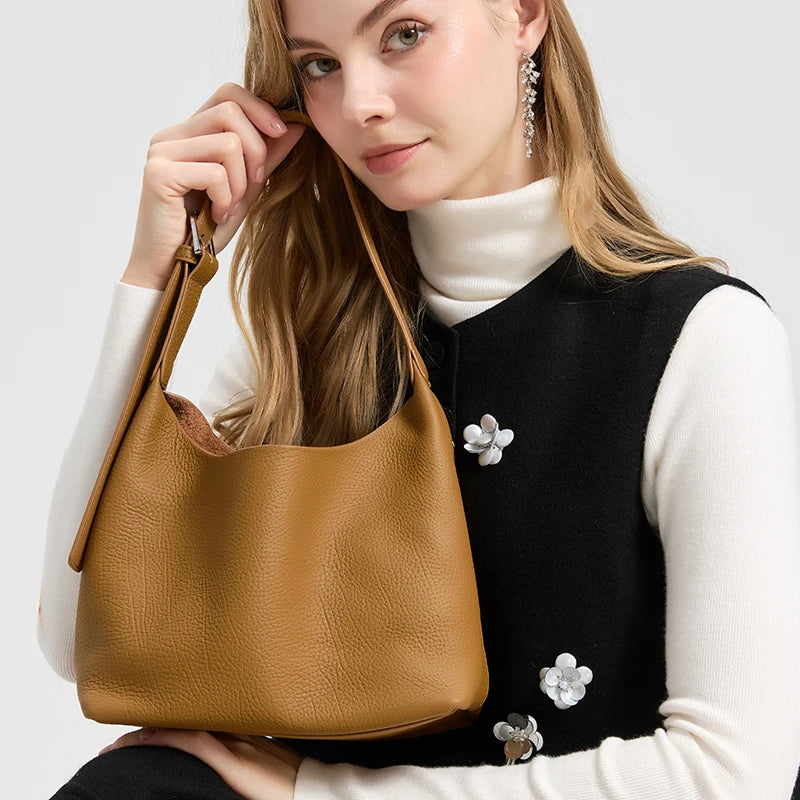 Women's Cowhide Genuine Leather Underarm Bags Female Retro Top grain leather Shoulder Bag Ladies Luxury Designer Handbags