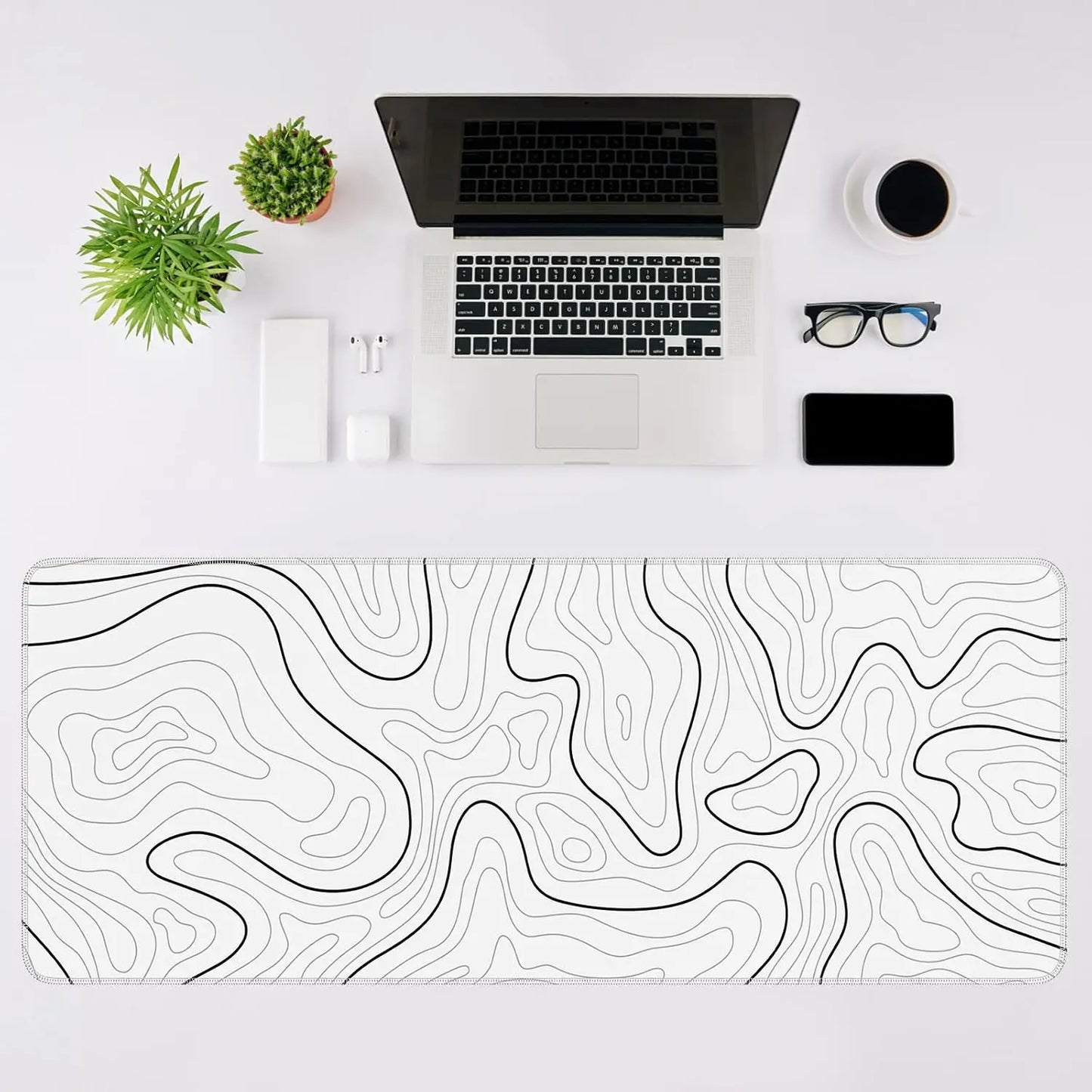 Abstract Topographic Map White Black Gaming Mouse Pad Large Desk Mat with Non-Slip Base Stitched Edge Keyboard Mat for Gaming