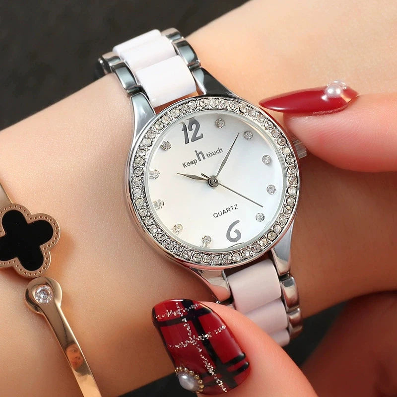 Round Dial Diamond Ladies Watch Waterproof Fashion Women's Watches Alloy Ceramic Quartz Women Wristwatches