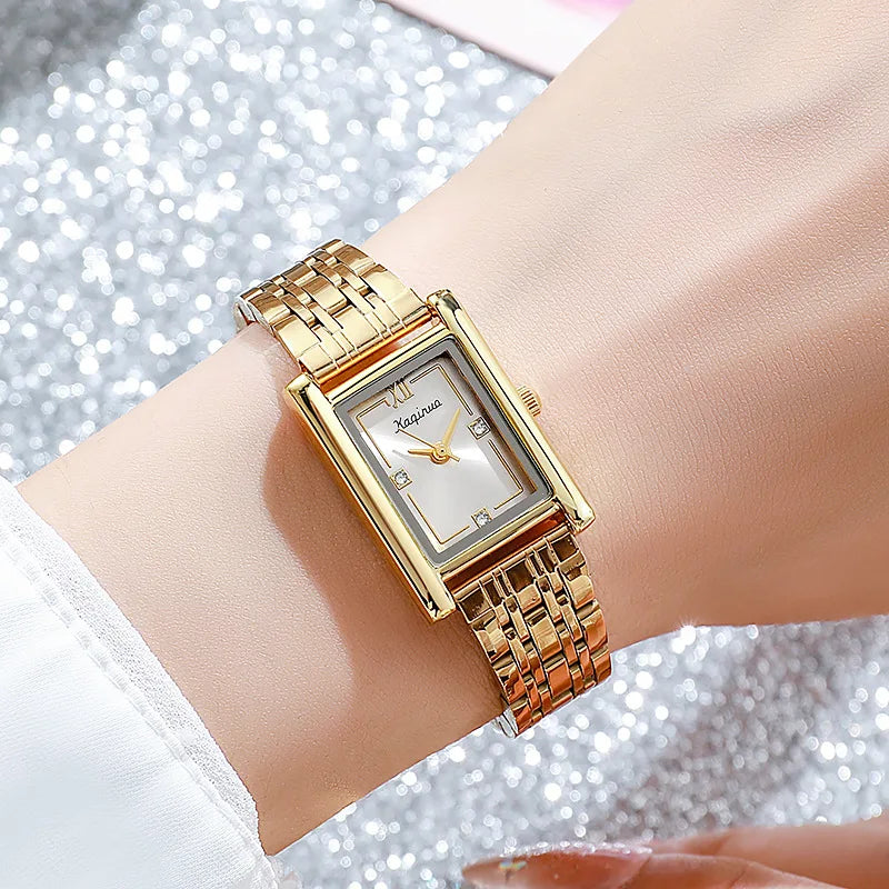 Fashion Luxury Brand Square Rhinestone Dial Quartz Watch Gold Woman Steel Strap Wristwatch Ladies Clock Relogio Montre Femme
