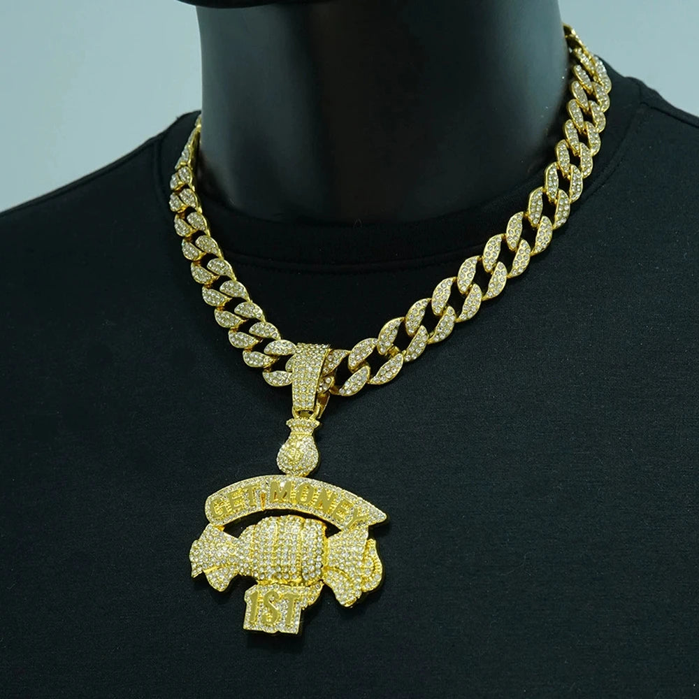 New Hip Hop Style Letter GET MONEY & Money Bag Pendant Necklace with 15MM Cuban Chain Men Candy Necklaces Rapper Hip Hop Jewelry