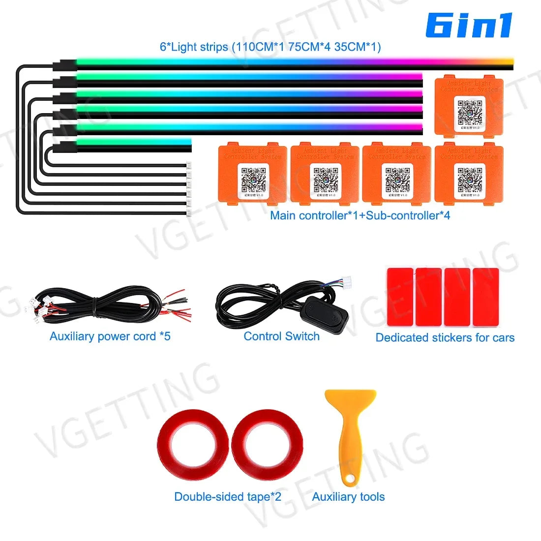 Vgetting 18 in 1 Car Ambient Lights Dual Zone Symphony RGB LED Interior Acrylic Strips Atmosphere Light Button APP Control 12V