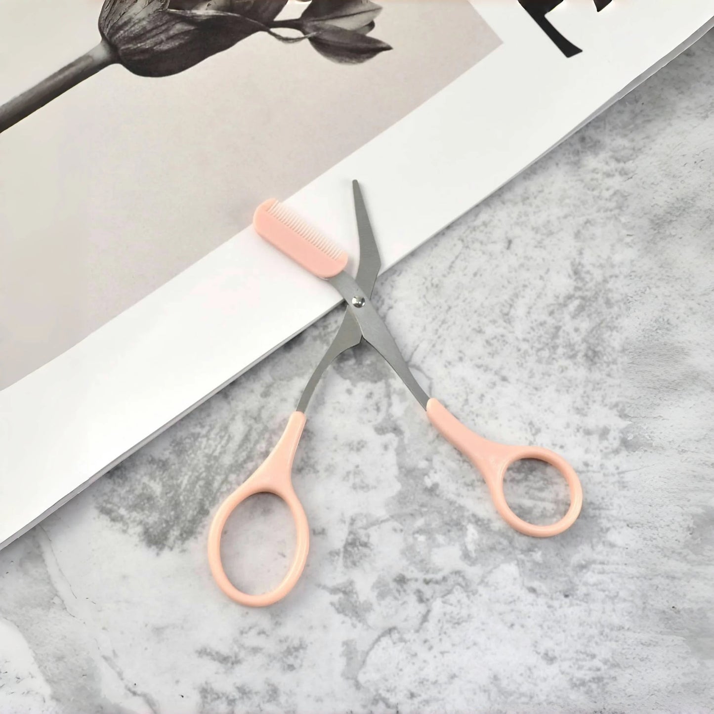 Pink eyebrow trimming scissors w/ built-in comb, precise grooming tool
