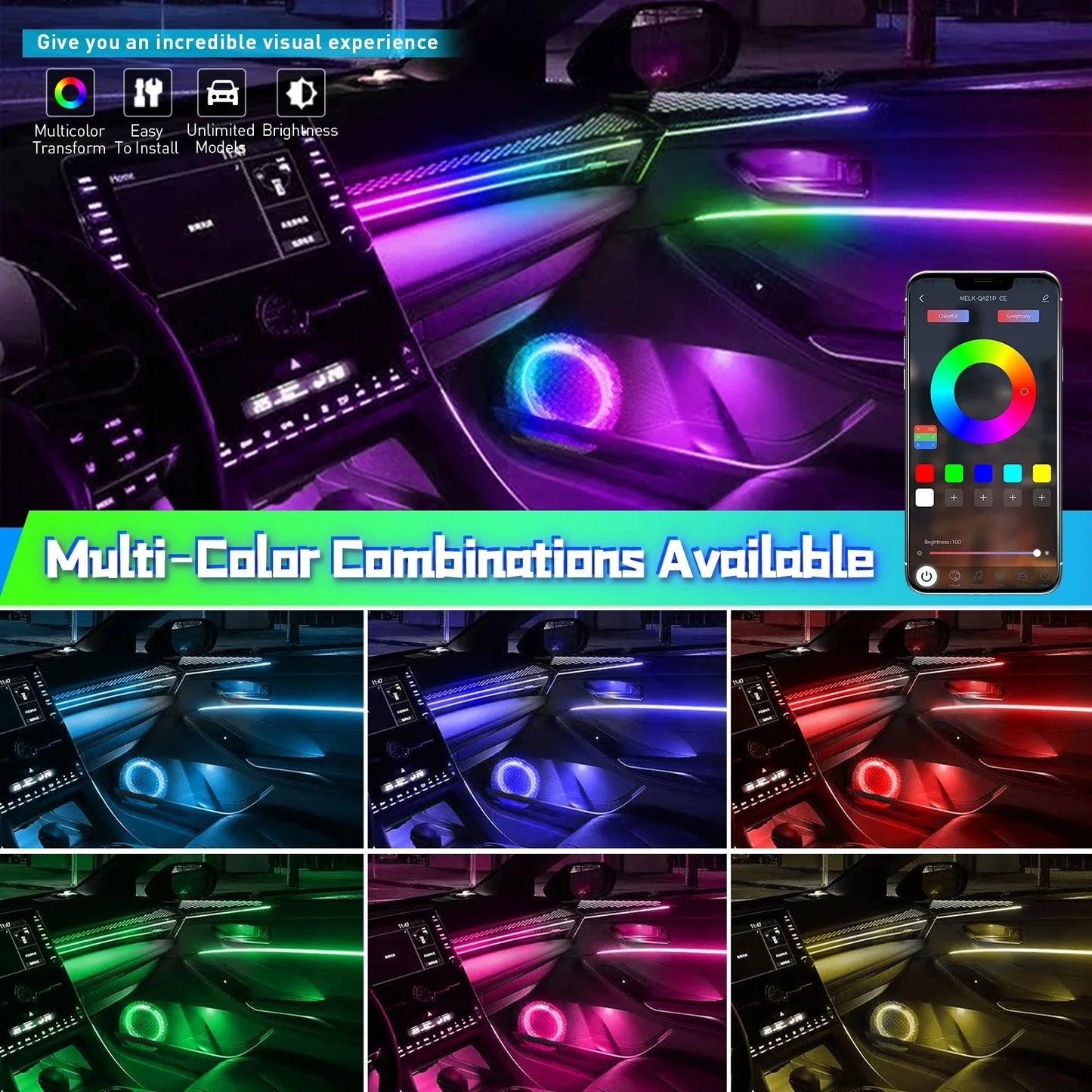 22 In 1 Full Color Streamer Car Ambient Lights RGB 64 Color Universal LED Interior Hidden Acrylic Strip Symphony Atmosphere Lamp