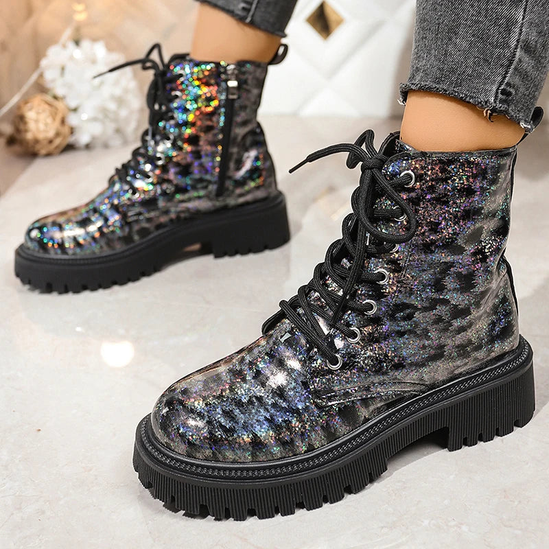 Bright Sequin Platform Ankle Boots Women Autumn Winter Waterproof Short Booties Mujer Fashion Lace Up Thick Sole Boots Plus Size