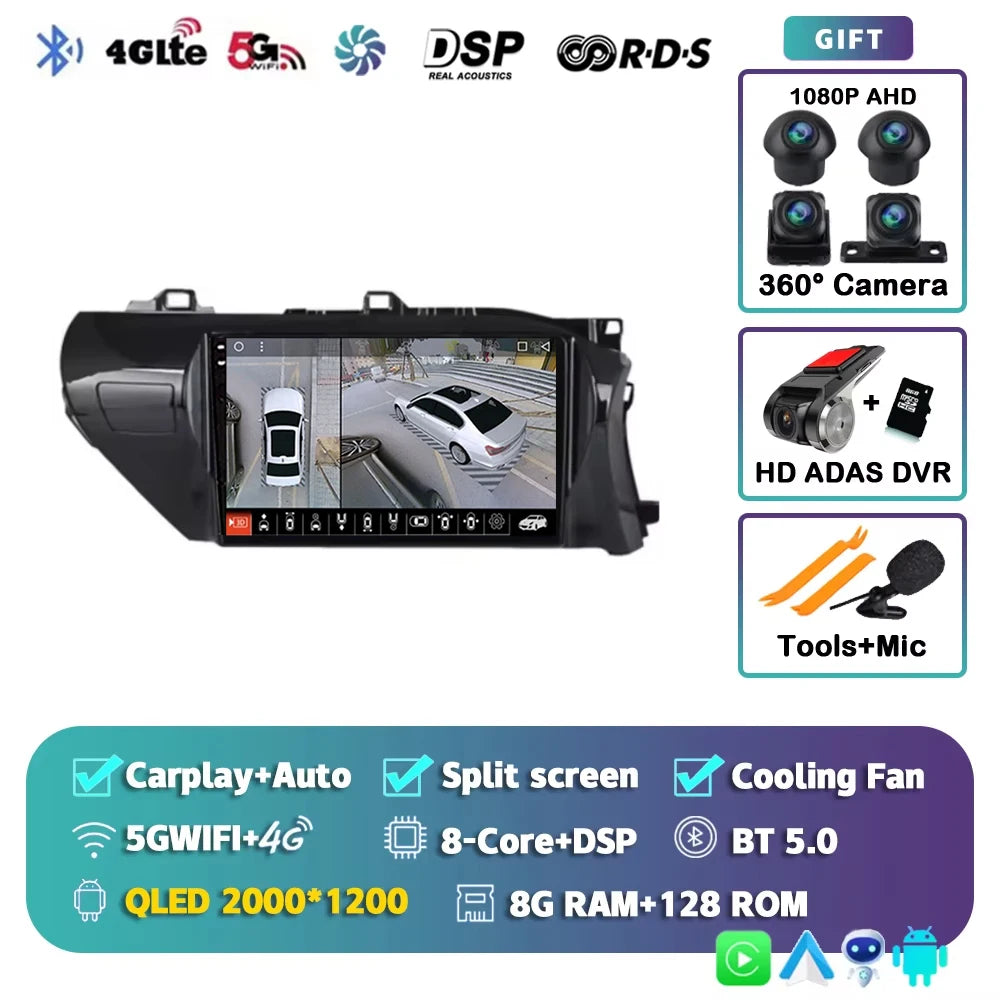 Car Radio For Toyota Hilux RHD 2015 2016 2017 2018 2020 2021 2023 Wireless Carplay Android Auto Multimedia Player Stereo WIFI 4G