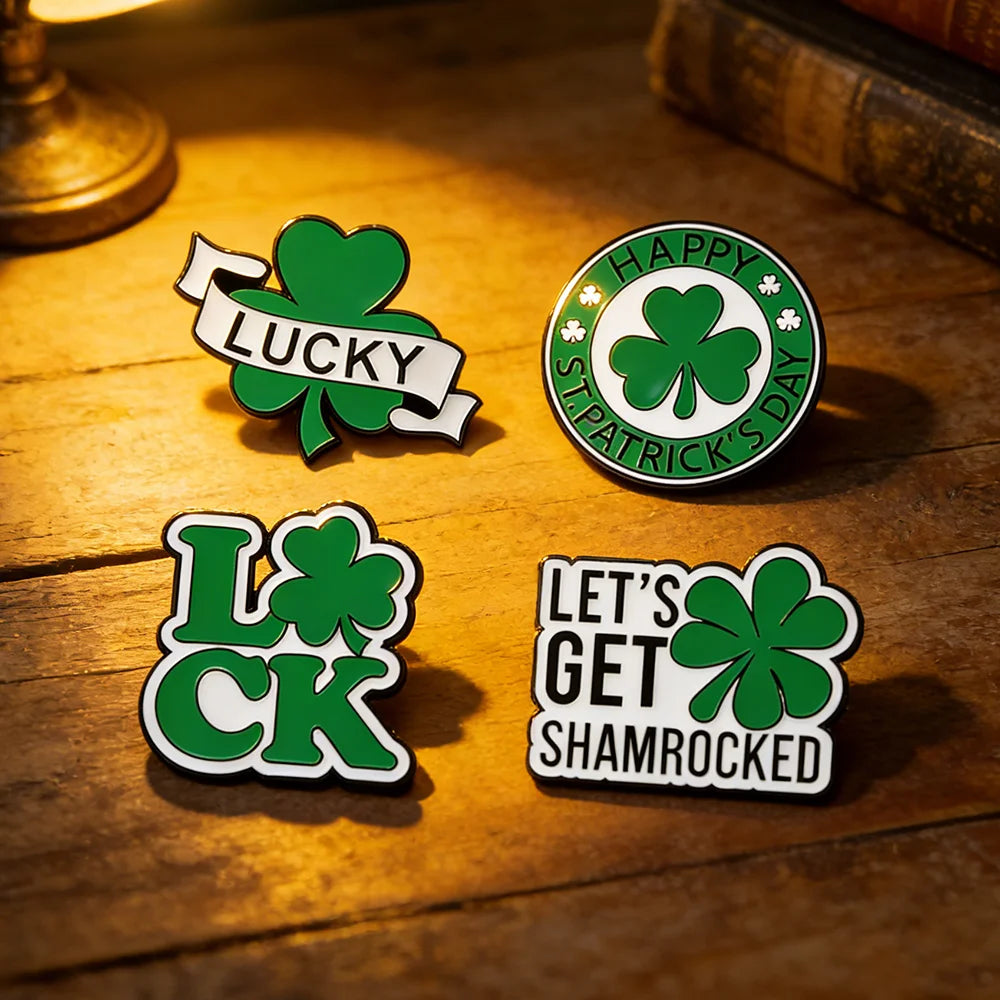 4pcs Set Cute Cartoon Four Leaf Clover Enamel Brooches St. Patrick's Day Green Elf Theme Jewelry Badges Ideal Gift for Friends