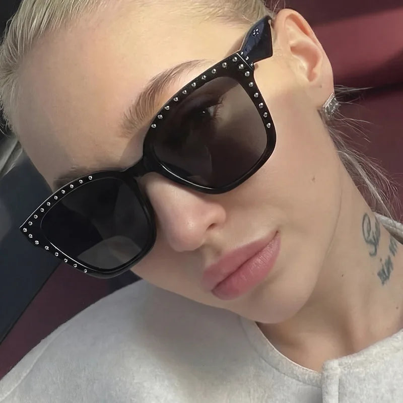 JNPCXI New Square Women Sunglasses Shades UV400 Fashion Clear Lens Frame Retro Rivet Men Leopard Green Sun Glasses