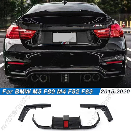 For BMW M3 F80 M4 F82 F83 2015-2020 Carbon Look Rear Bumper Diffuser With LED Light Spoiler Lip Splitter Lip Protector Guard