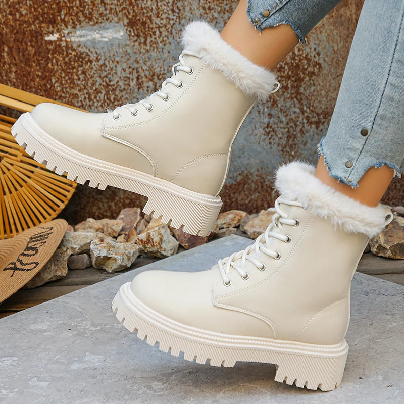 Lace Up Short Plush Ankle Boots for Women Plus Size 42 Fur Platform Winter Boots Woman Thick Sole Pu Leather Combat Botas Mujer