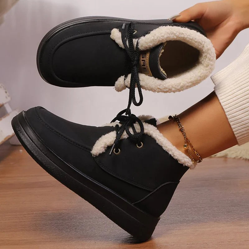 Retro Fleece Thick Warm Ankle Boots Women Lace Up Platform Snow Boots Woman Winter Pu Leather Short Plush Booties Female