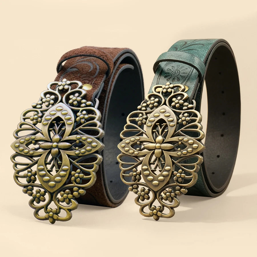 Vintage Carved Metal Buckle Belt Unisex Retro Brass Buckle Embossed Pattern Waistband European Ethnic Style Accessory