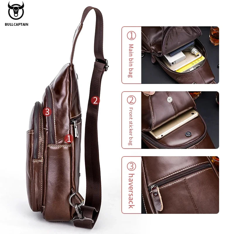BULLCAPTAIN Men's Genuine Leather Chest Bag Multifunctional 8-inch Large Capacity Tablet Bag Retro Single Room Crossbody Bag