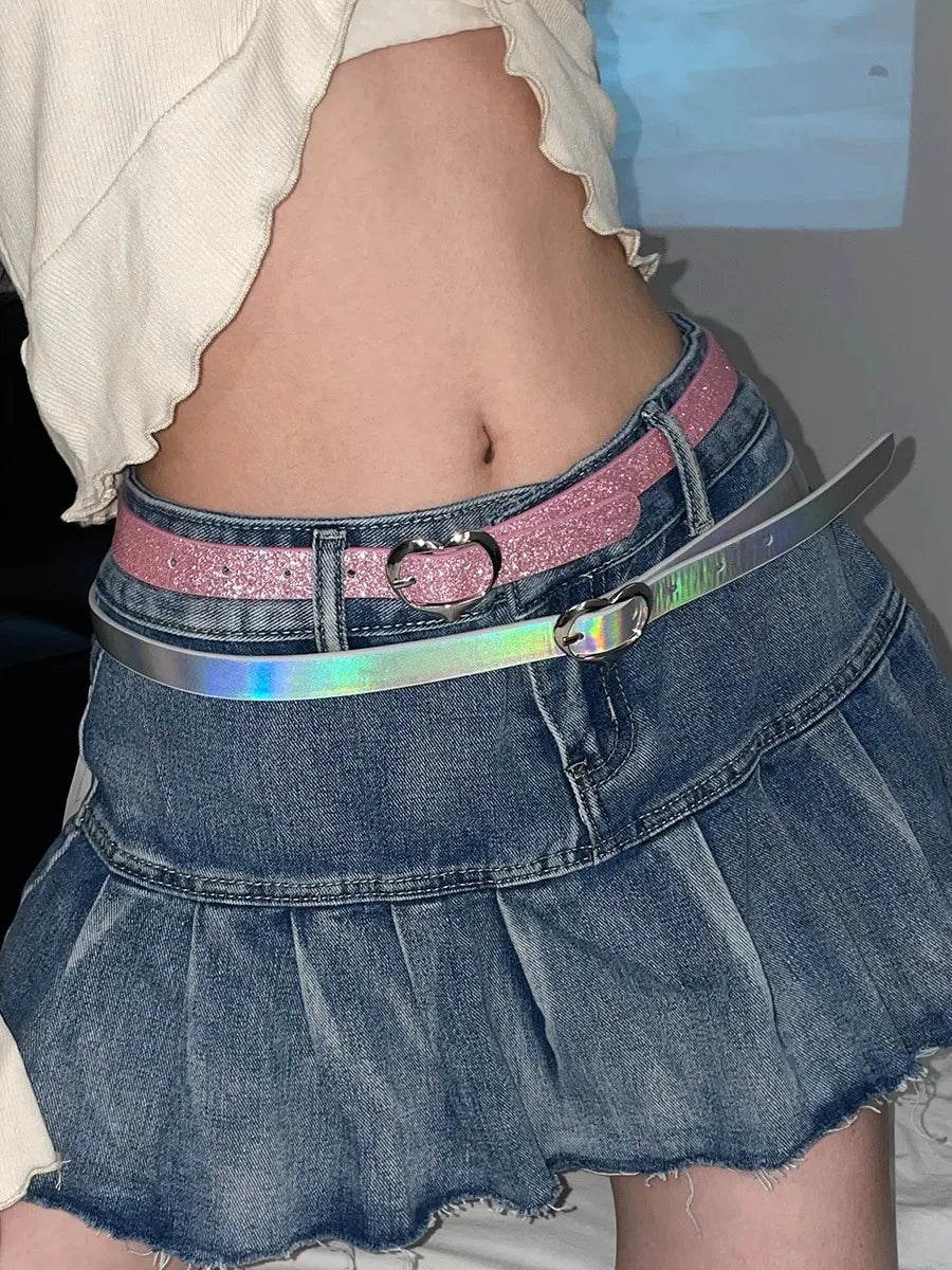 Y2k Thin Waist Belt With Pink Heart Decoration Millennium Sexy Girl Style Subculture Belt For Women 2025 New Korean Version