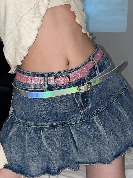 Y2k Thin Waist Belt With Pink Heart Decoration Millennium Sexy Girl Style Subculture Belt For Women 2025 New Korean Version