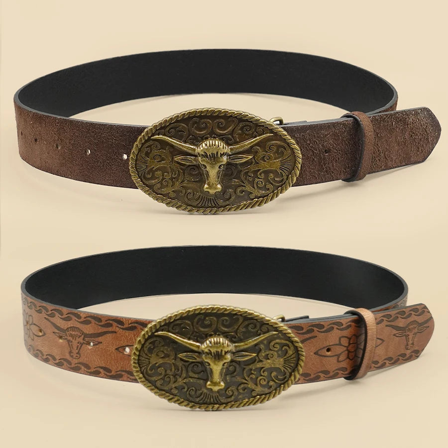 Retro Western Style Casual Belt with Antiqued Alloy Bullhead Buckle, a Versatile Accessory for Daily Commute and Dating