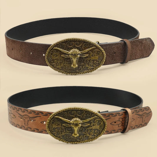 Retro Western Style Casual Belt with Antiqued Alloy Bullhead Buckle, a Versatile Accessory for Daily Commute and Dating