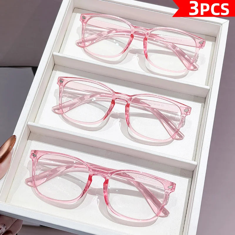 3 Pairs of Pink Transparent Color Fashionable and Simple Glasses Anti Slip Leg Design Unisex Anti Blue Light Glasses