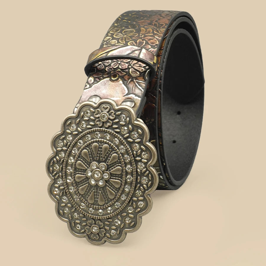 Elegant Vintage Women's Belt - Crystal Rhinestone & Leaf Pattern, Timeless Fashion for Casual Chic