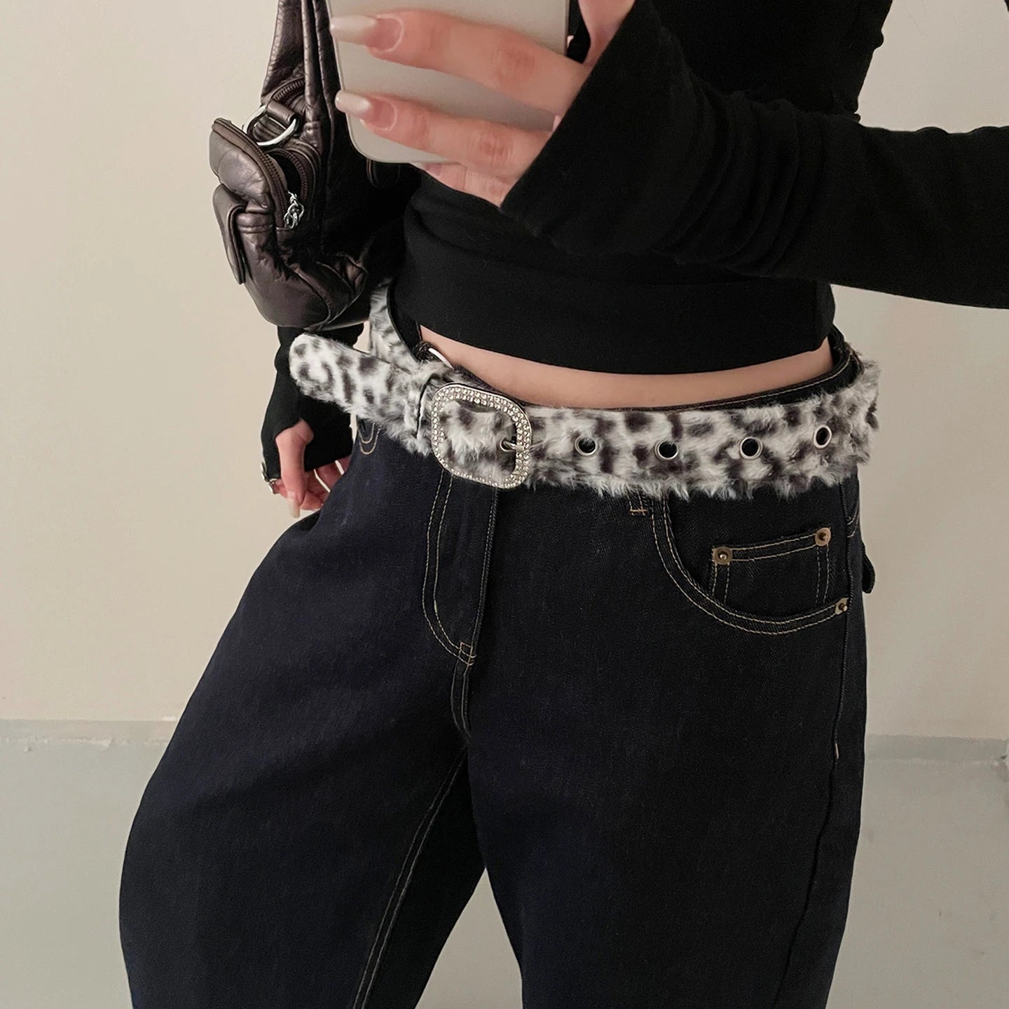 Leopard Print Diamond Studded Faux Fur Belt For Women Versatile Hot Girl Belt With Jeans Belt Decoration