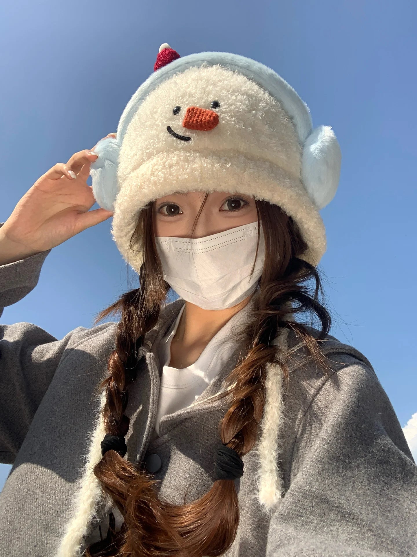 Cute Little Snowman Earmuffs Plush Hat Winter Thickening Warm Belt Adjustable Windproof Ear Protection Knitted Hat