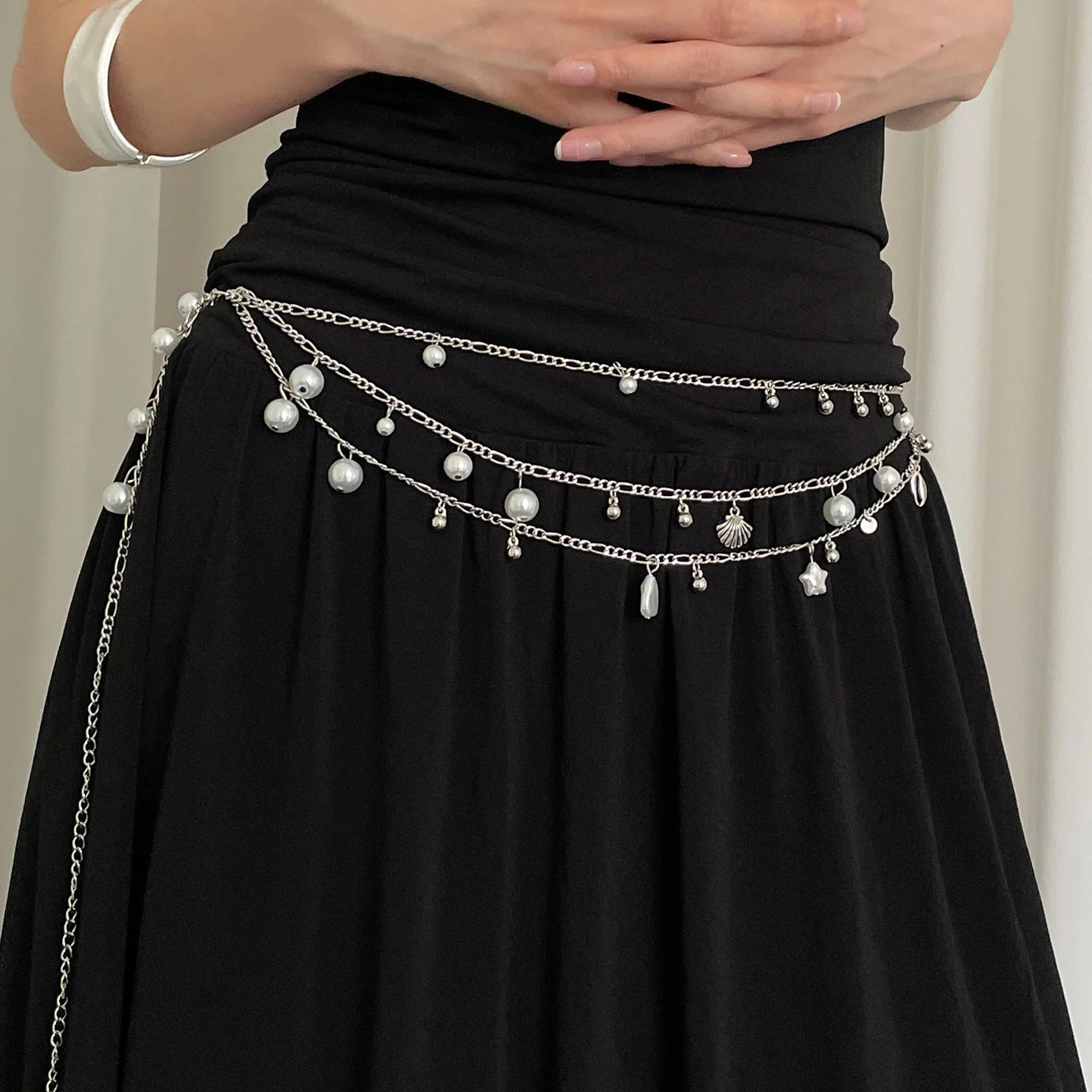 Fashionable Multi-Layer Pearl Metal Waist Chain For Women Bohemian Waist Belt Decoration To Match With Skirts