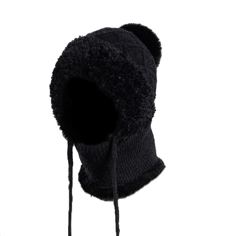 Xinbaoguan 100% Acrylic 8408 cross-border winter velvet knitted yarn hat women's mask scarf integrated warm ear protection hood