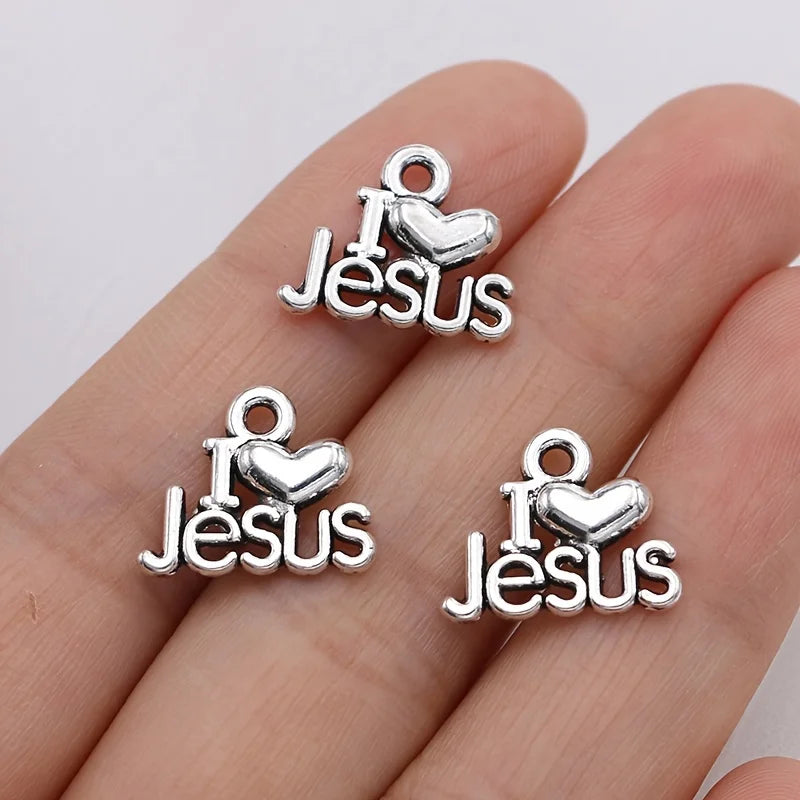 15Pcs Antique Silver Plated I Love Jesus Charms Pendants for Jewelry Making Necklace Bracelet Handmade DIY Accessories